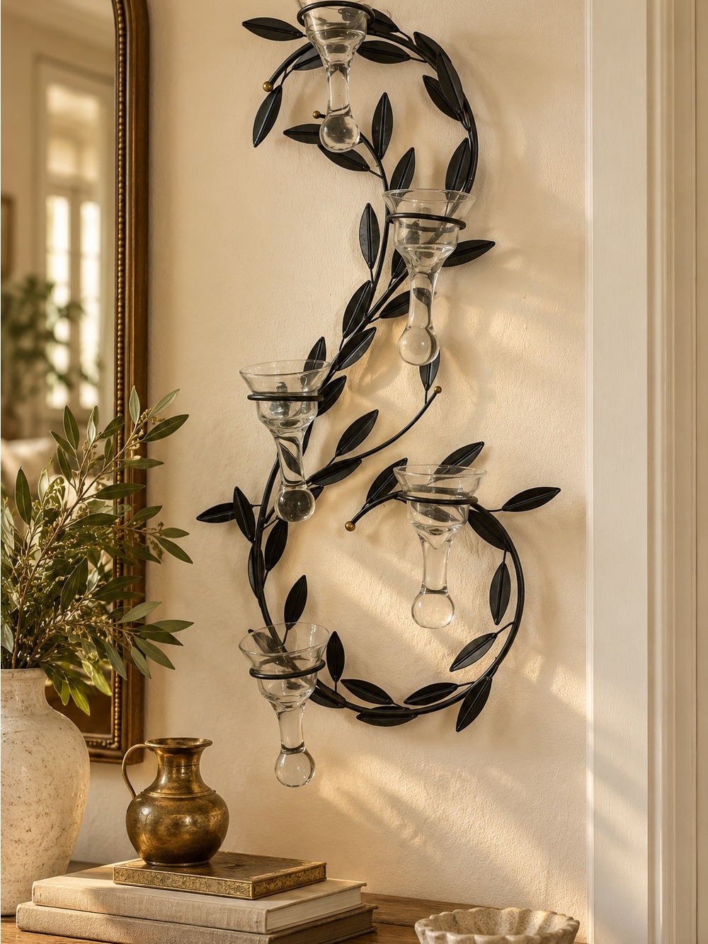 27” Black Metal Leaf Vine Wall Candelabra 5 Glass Candle Holders Botanical Decor